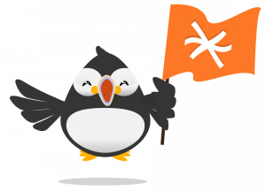 puffin holding a freeconference.com flag
