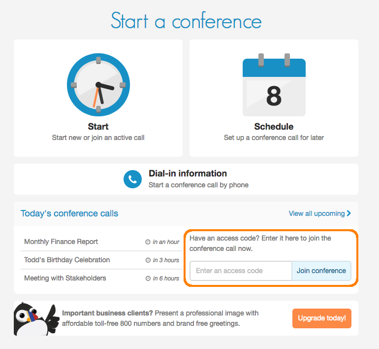 freeconference.com online meeting room dashboard user interface