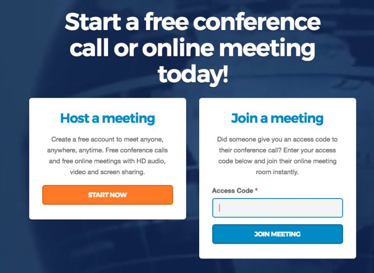 FreeConference.com homepage screen with join meeting section for joining free online conference calls via access code