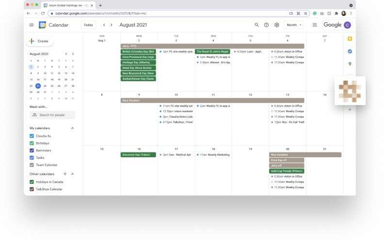 Écran de calendrier Google avec l'icône du module complémentaire Callbridge dans la barre latérale droite