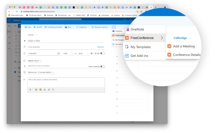 Panel programu Outlook so zväčšenou ikonou FreeConference na ľavom bočnom paneli