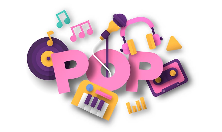 a 3D illustration of the word pop surrounded by 3D music notes, piano keyboard, tape, headphone, microphone and headphone, etc 