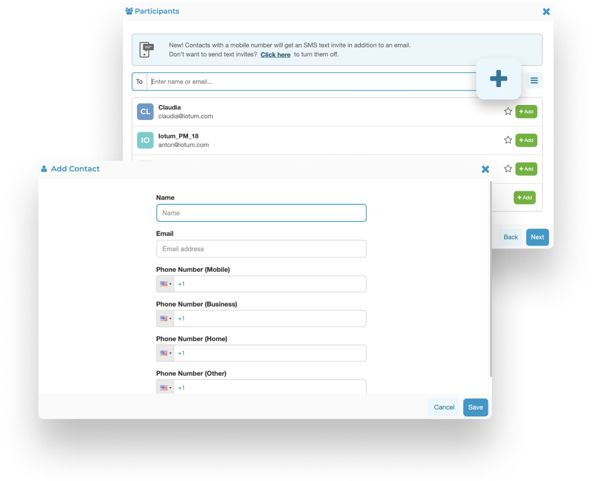 Screenshots of step 1 and 2 of adding contacts 