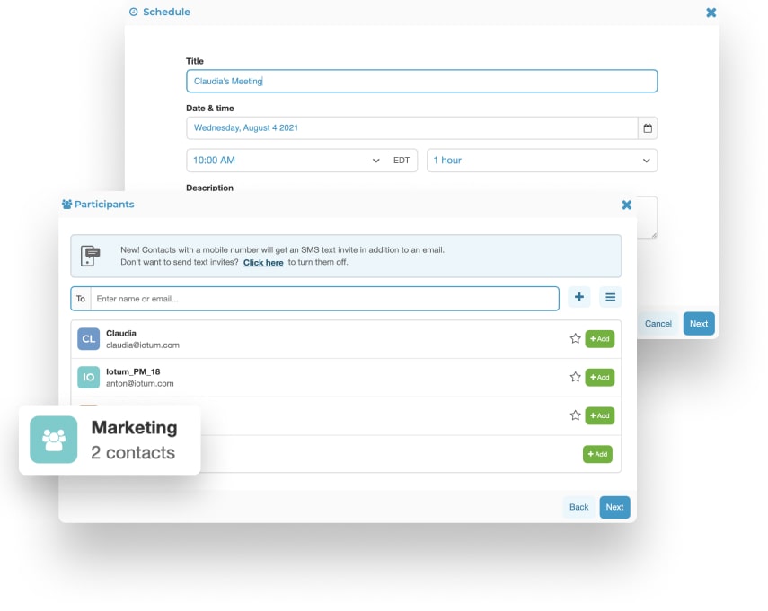 Schedule screen overlapped by adding participants screen which the group participants been magnified