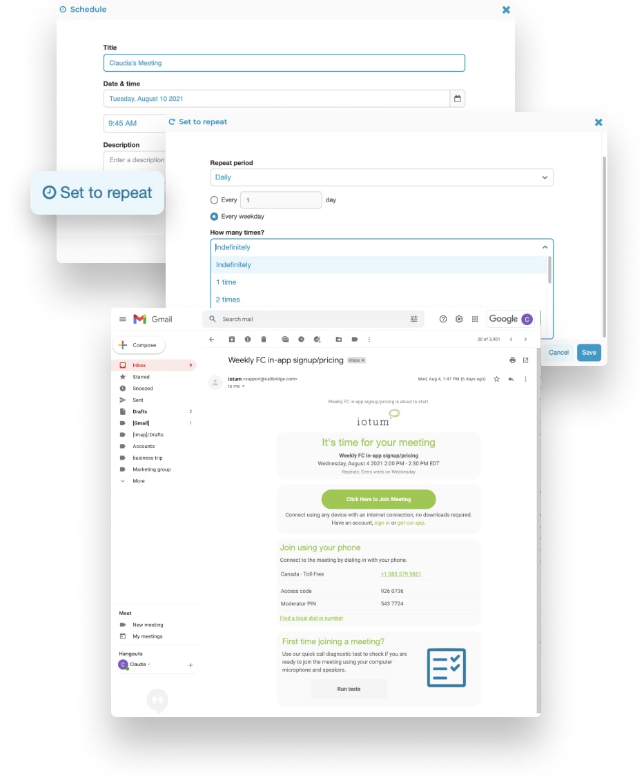 screenshots of recurring schedule process: schedule a meeting, set to repeat, choose how often to have the meeting, and receive the meeting invitation afterwords
