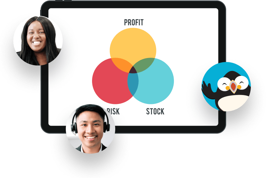 ipad le diagram pie sa mheadhan agus air a chuairteachadh le triùir headshots com-pàirtichean a ’fleòdradh