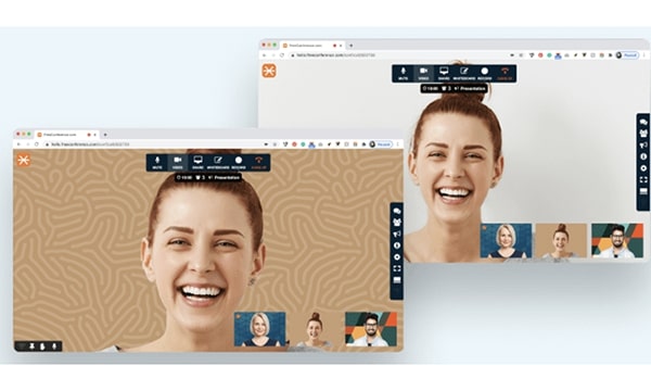 Two in-situ templates of smiling woman using FreeConference.com geometric and plain virtual backgrounds